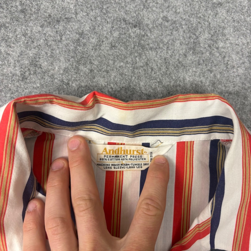 Vintage Andhurst Mens Pajama Top Red Navy Gold Striped Button Up Size L RN31104 - Picture 2 of 5